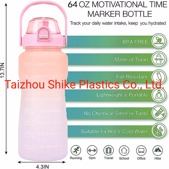 Brocca per acqua per sport all'aria aperta, in Tritan, senza BPA, a tenuta stagna, con indicatore del tempo, grande bottiglia d'acqua motivazionale in plastica